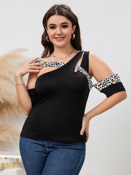 

plus leopard print cut out asymmetrical neck b0d1#, Black