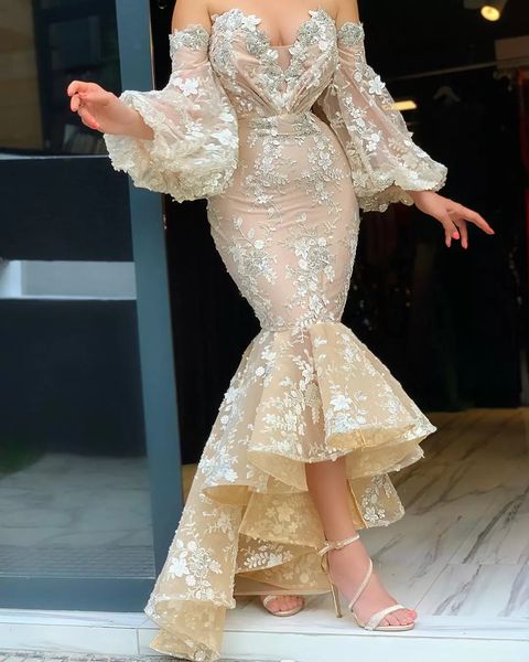 

floral lace appliques mermaid evening dresses off the shoulder long sleeve women formal party gowns engagement dress high low tulle prom gow, Black;red