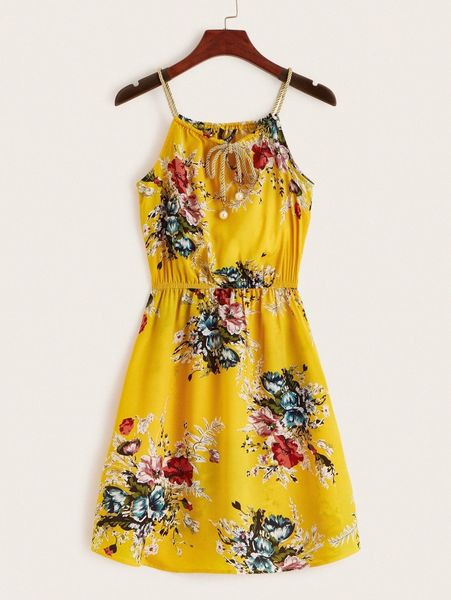 

floral self-tie braided cami mini dress p4zp#, Black;gray