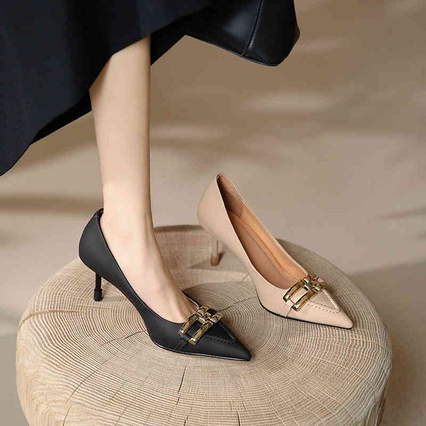 

boots high heels women's spring soft leather non grinding french temperament metal button pointed thin heel shoes kywx, Black