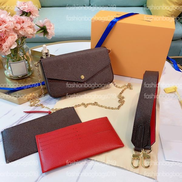 

3 in 1 multi-pochette cross body bags brown quilted cowhide leather gold-color chain for hand or short shoulder carry round coin purse versa