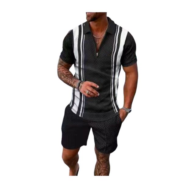 

summer solid color print tracksuits for men short sleeve slim fit zipper lapel polos t-shirt and sport shorts 2 piece sets tz-51, Gray