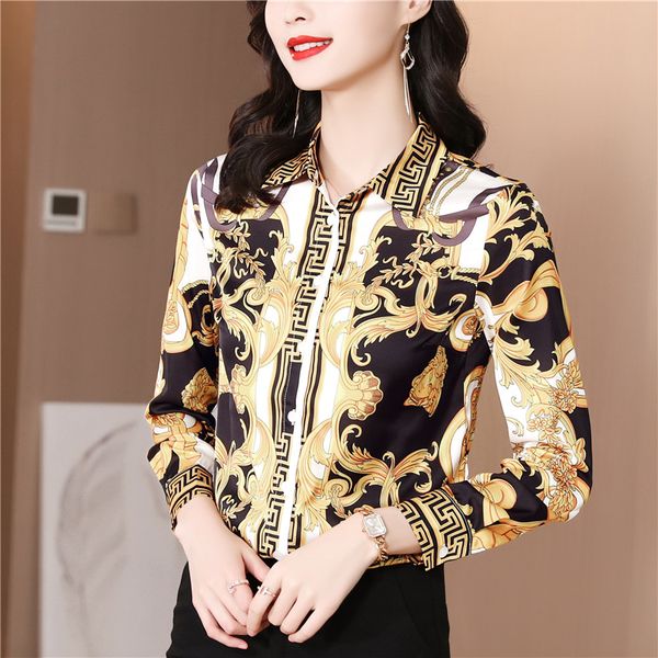 

luxury vintage baroque print blouses women long sleeve lapel button shirt office ladies silk print shirts spring autumn woman designer blous, White