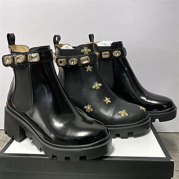 

women chunky heel work tooling shoe fashion western crystal bee star desert rain boots winter snow ankle martin boots305q, Black