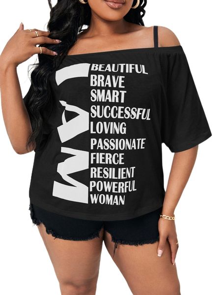 

plus slogan graphic off shoulder tee without bra t0uf#, Black