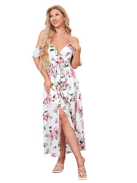 

floral print cold shoulder split thigh belted dress 54ev#, Black;gray