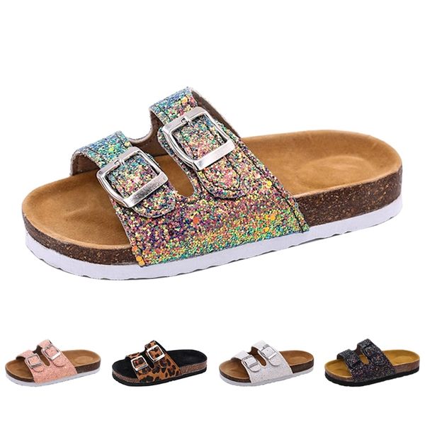 

kids slippers summer beach children cork sandals bling sequins for family shoes leopard barefoot flats girls slipper 220617, Black;grey