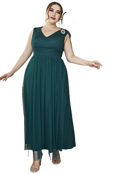 

plus extra-long sleeve rhinestone polka dot mesh maxi dress s3it#, Black