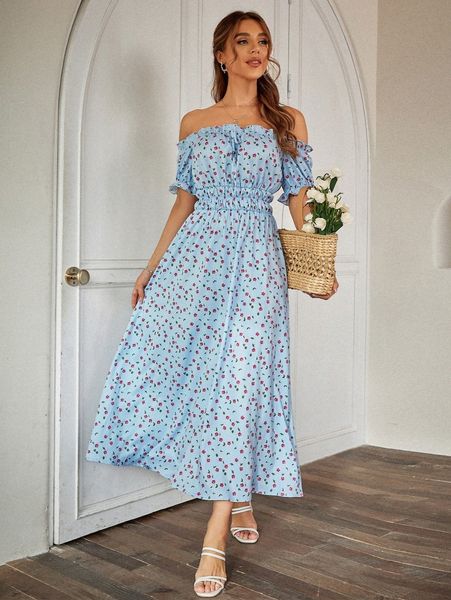 

simplee allover floral print off shoulder tie front dress x8qe#, Black;gray