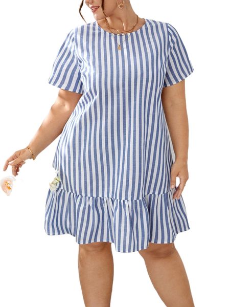 

plus ruffle hem striped dress i2vl#, Black
