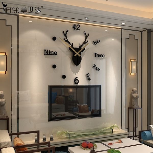 MEISD Orologio in acrilico Orologio da parete Grandi adesivi fai da te Orologio autoadesivo Wall Art Home Decor Black Horloge 201202