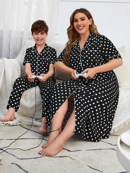 

plus 1pc polka dot contrast panel button through sleep dress c5tp#, Black;white