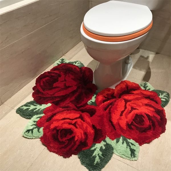 Carpete de rosa vermelha 3D para tapete de banheiro para bethroom de sala de estar rosa rosa tapetes de flor tapetes de banho anti-deslizamento T200111