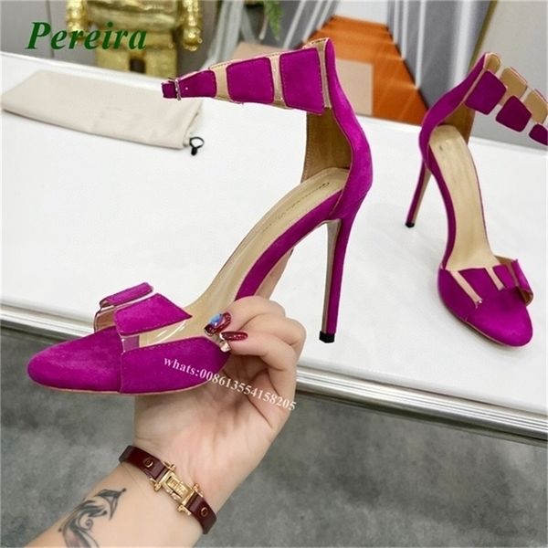 

purple pvc stiletto sandals suede round toe buckle strap high heels luxury designer side air party shoes elegant size 220509, Black