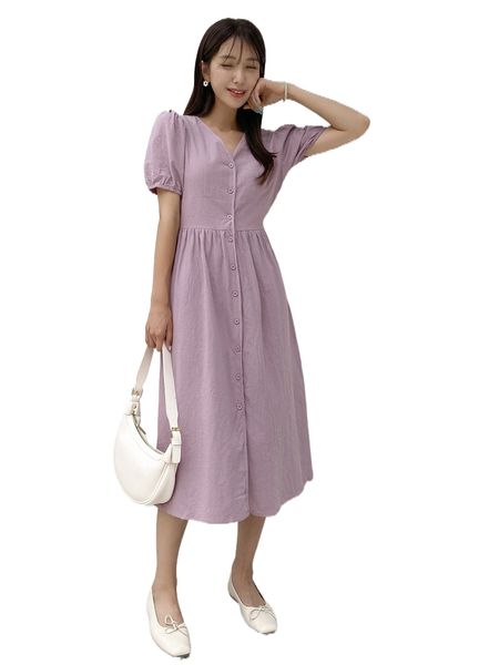 

dazy puff sleeve tie back button through dress q0vn#, Black;gray