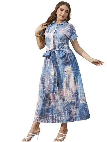 

plus all over print belted shirt dress 54b7#, Black