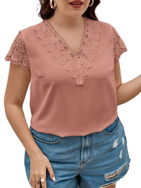 

plus contrast guipure lace v-neck blouse a0ej#, Black