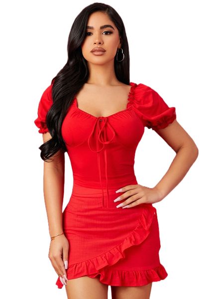 

puff sleeve tie front v3rs#, White