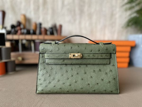 

22cm ostrich skin brand clutch bag fully handmade stitching luxury purse women mini handbag olive green yellow blue etc many colors to choos
