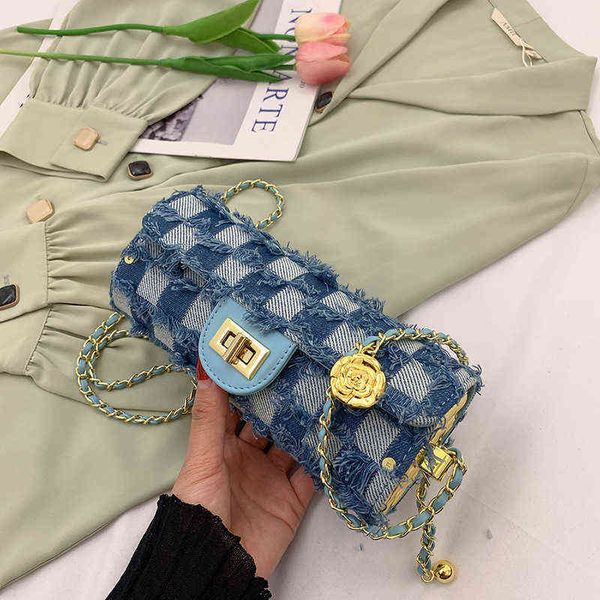 Сумка для цилиндров женская джинсовая решетчатая сумка для мобильного телефона Корейская модная камелия одно плечо -мессенджер кошелек 220628