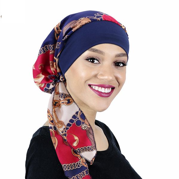 Novo Mulheres elásticas impressas hijab chapéu de turbante muçulmano Caps Cancer Chemo Caps Bonnet Ladies Under Hijab Caps Turbante Mujer