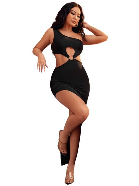 

sxy solid one shoulder cut out o-ring linked split thigh dress o1ef#, Black;gray