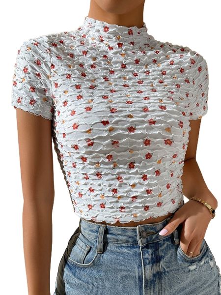 

ditsy floral mock neck textured tee z5gf#, White