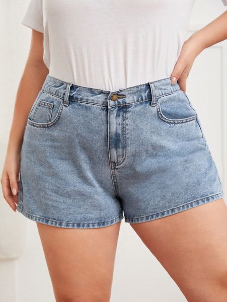 

plus zipper fly patched detail denim shorts d90y#, White;black