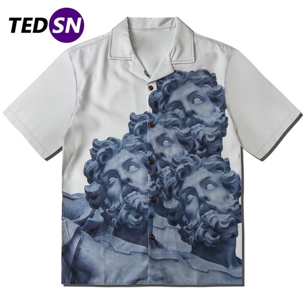 

summer hip hop sculpture retro shirt men oversized t-shirts turn-down collar short sleeve shirts vintage loose streetwear 220429, White;black