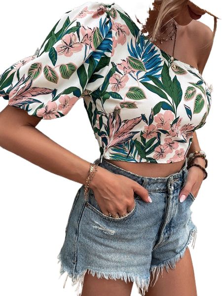 

floral print one shoulder crop blouse a2up#, White