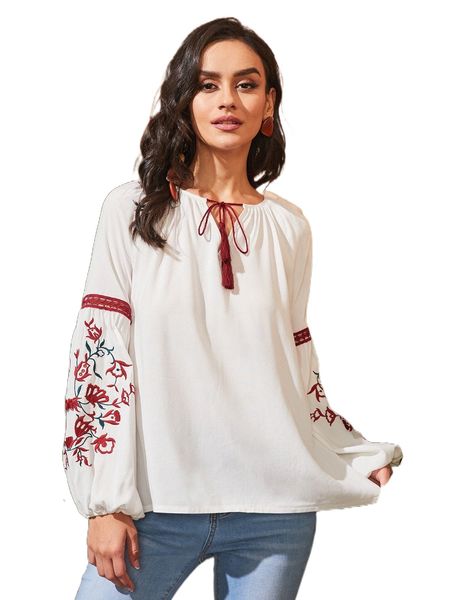 

tie front fringe detail floral embroidery bishop sleeve j518#, White
