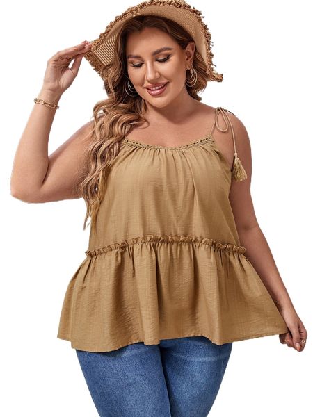 

plus tassel tie shoulder frill trim peplum cami l9sp#, Black