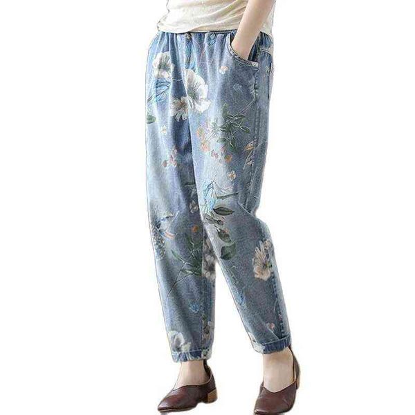 

fashion printed jeans women 2021 summer new retro thin loose fashion elastic waist harem pants female calf-length denim pants l220726, Blue