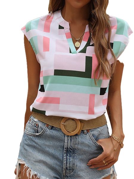 

geo print notched neckline batwing sleeve blouse d8eg#, White