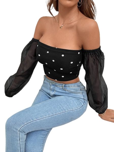 

polka dot print off shoulder contrast mesh crop t1x8#, White