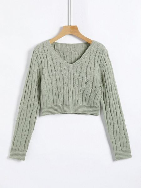 

cable knit v neck crop sweater r0yy#, White;black