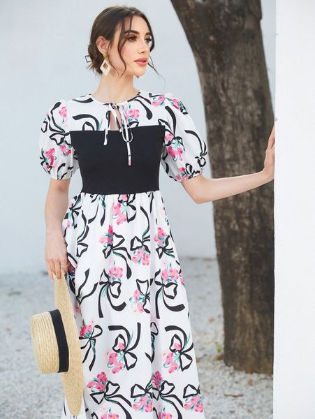 

floral print tie front puff sleeve dress k40h#, Black;gray