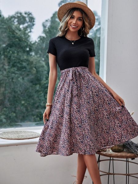

ditsy floral belted a-line dress 17ay#, Black;gray