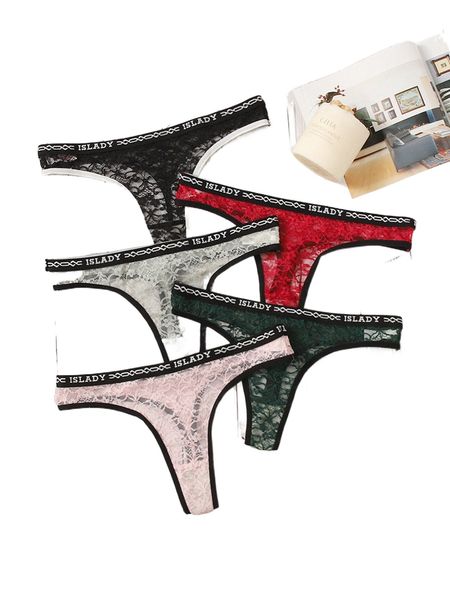 

5pack letter tape floral lace binding trim panty set p475#, Black;red