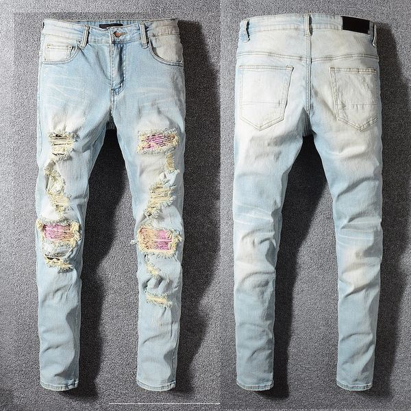 Herren-Jeans, Designer-Jeans für Herren, Skinny Slim Fit, Hellblau, Kee, zerrissener Denim, Distress, Biker mit Loch, rote Patches, konisch zulaufend, gerade, Softener Cult Stretch Skull p Itsu