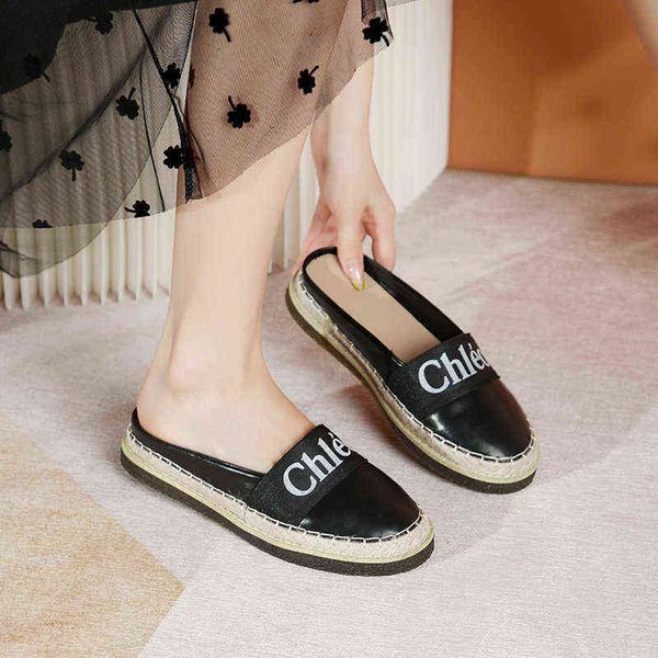 

chleo women's commuting shoes printed with flowers and grass 22 spring summer products baotou flat half slippers sals leisure, Black