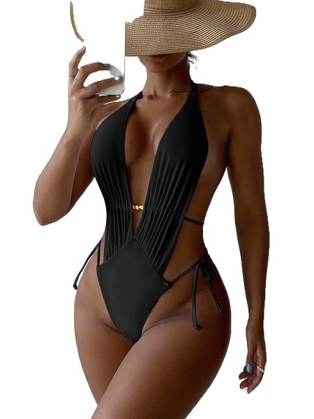 

bead decor ruched cut out halter one piece swimsuit b0sj#, White;black