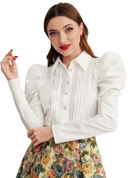 

puff sleeve button front shirt b5ma#, White