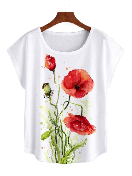 

floral print batwing sleeve curved hem tee r8yv#, White
