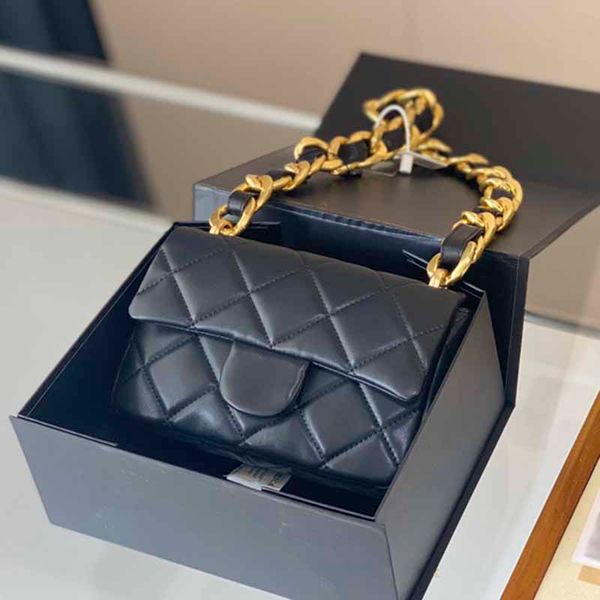 

22cm small flap french shoulder bags leather luxury designer crossbody bag oversized gold-tone metal thick chain purse hardware diamond quil