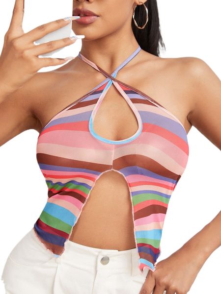 

block striped tie backless split hem halter s4rv#, White