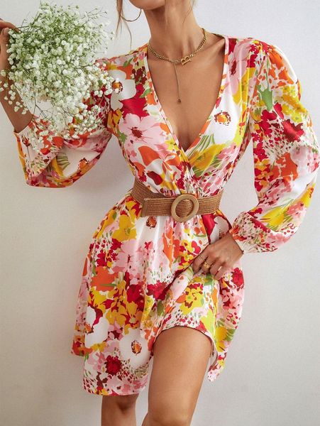 

floral print lantern sleeve plunging neck dress without belt g9sn#, Black;gray