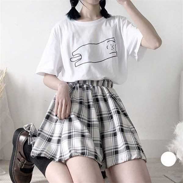 

houzhou harajuku plaid skirt women kawaii cute high waist a-line mini summer soft girl japanese style lolita streetwear 220324, Black