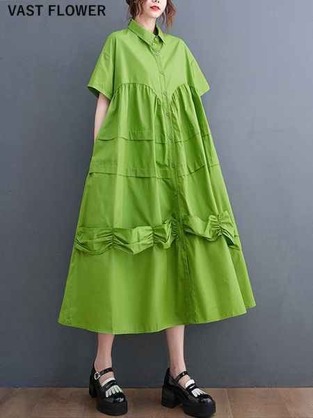 Verde vintage retalhos camisa vestidos para mulheres manga curta solta casual longo vestido de verão moda roupas elegantes
