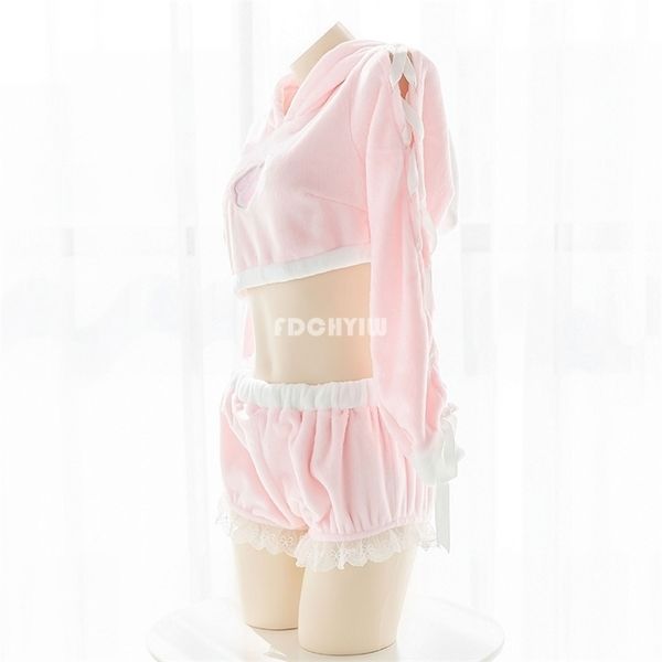 Japanische Lolita süße Mädchen Pyjamas Set Kawaii Katze Pfote Sexy Bunny Plüsch Homewear rosa abgeschnitten Hoodies Kaninchen Nachtwäsche 201114